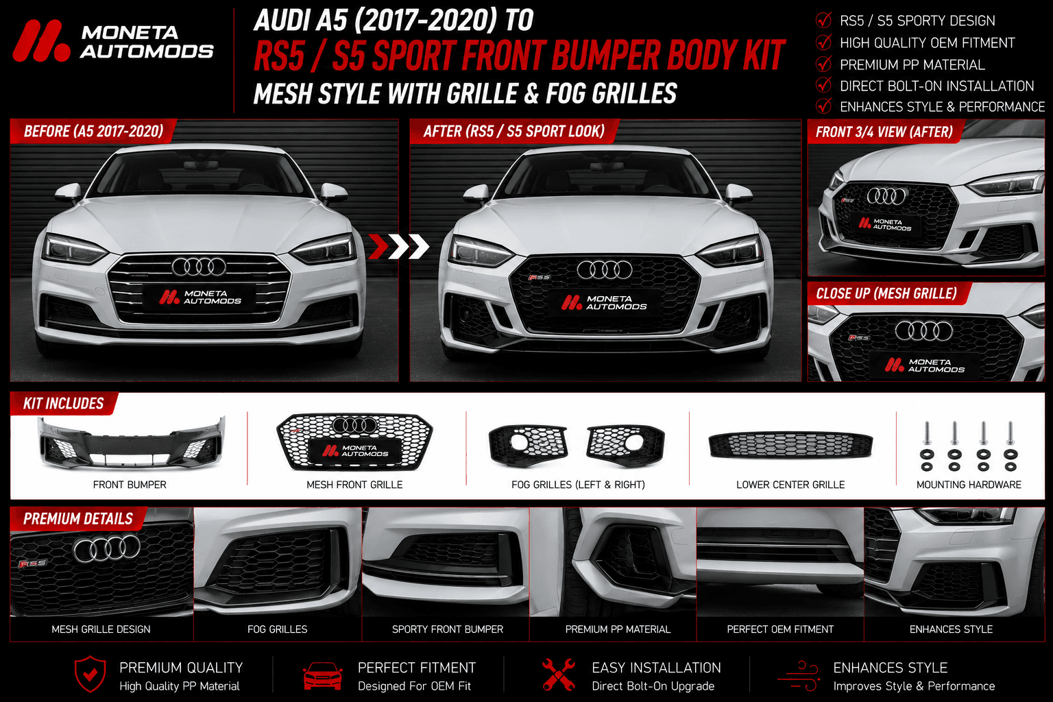 Audi A5 (2017–2020) to RS5 / S5 Sport Front Bumper Body Kit Mesh