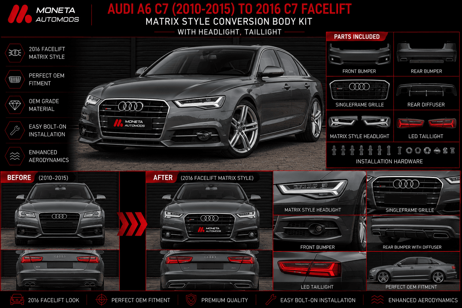 Audi A6 C7 (2010–2015) to 2016 C7 Facelift Matrix Style Conversion Body Kit, Headlight,Taillight 1