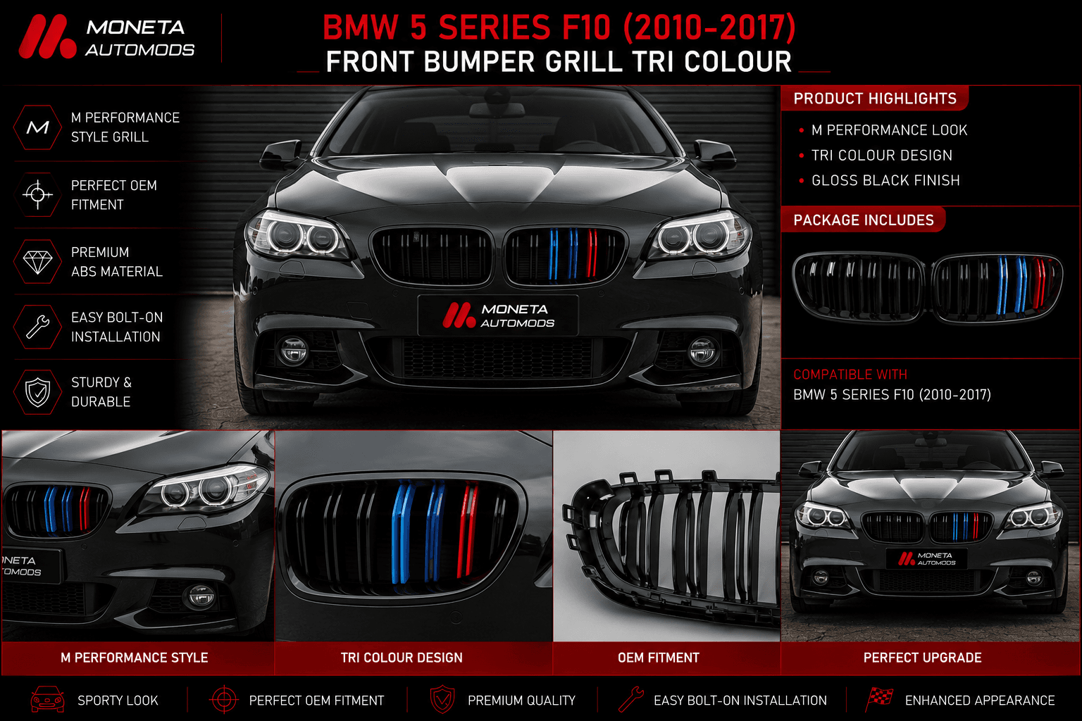 BMW 5 Series F10 2010-2017 Front Bumper Grill Tri Colour