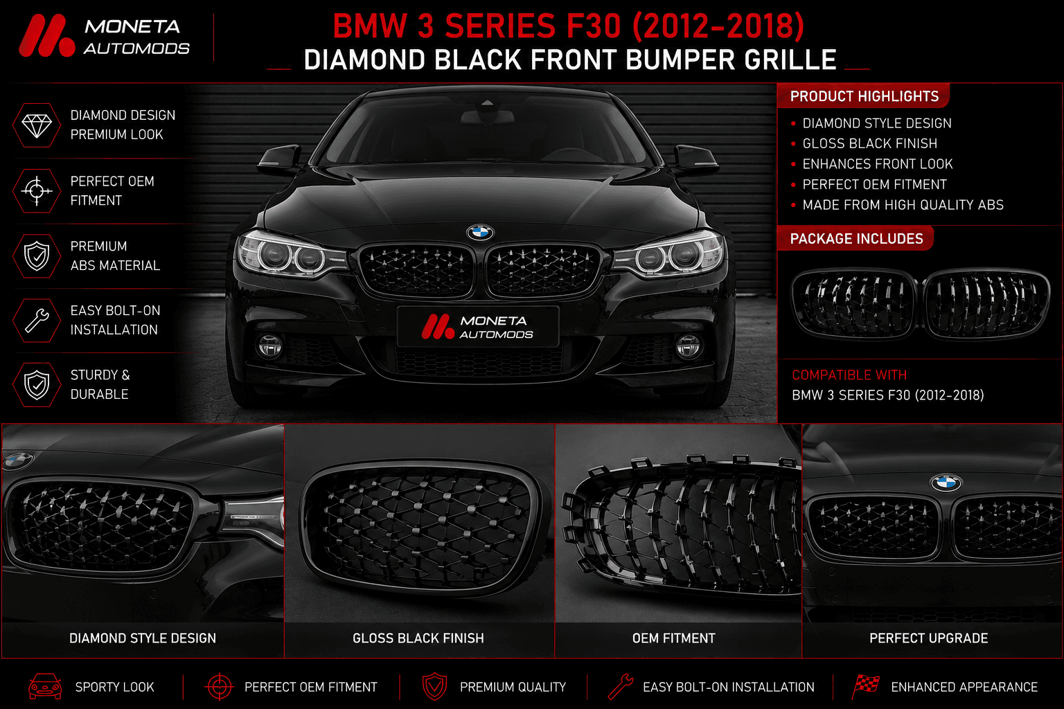 BMW 3 Series F30 (2012–2018) Diamond Black Front Bumper Grille