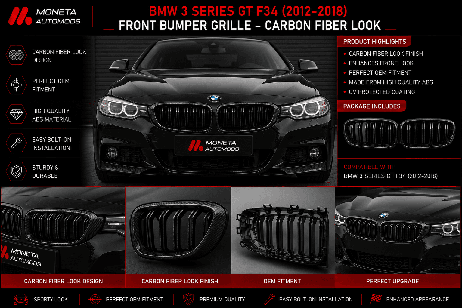 BMW 3 Series GT F34 (2012–2018) Front Bumper Grille – Carbon Fiber Look