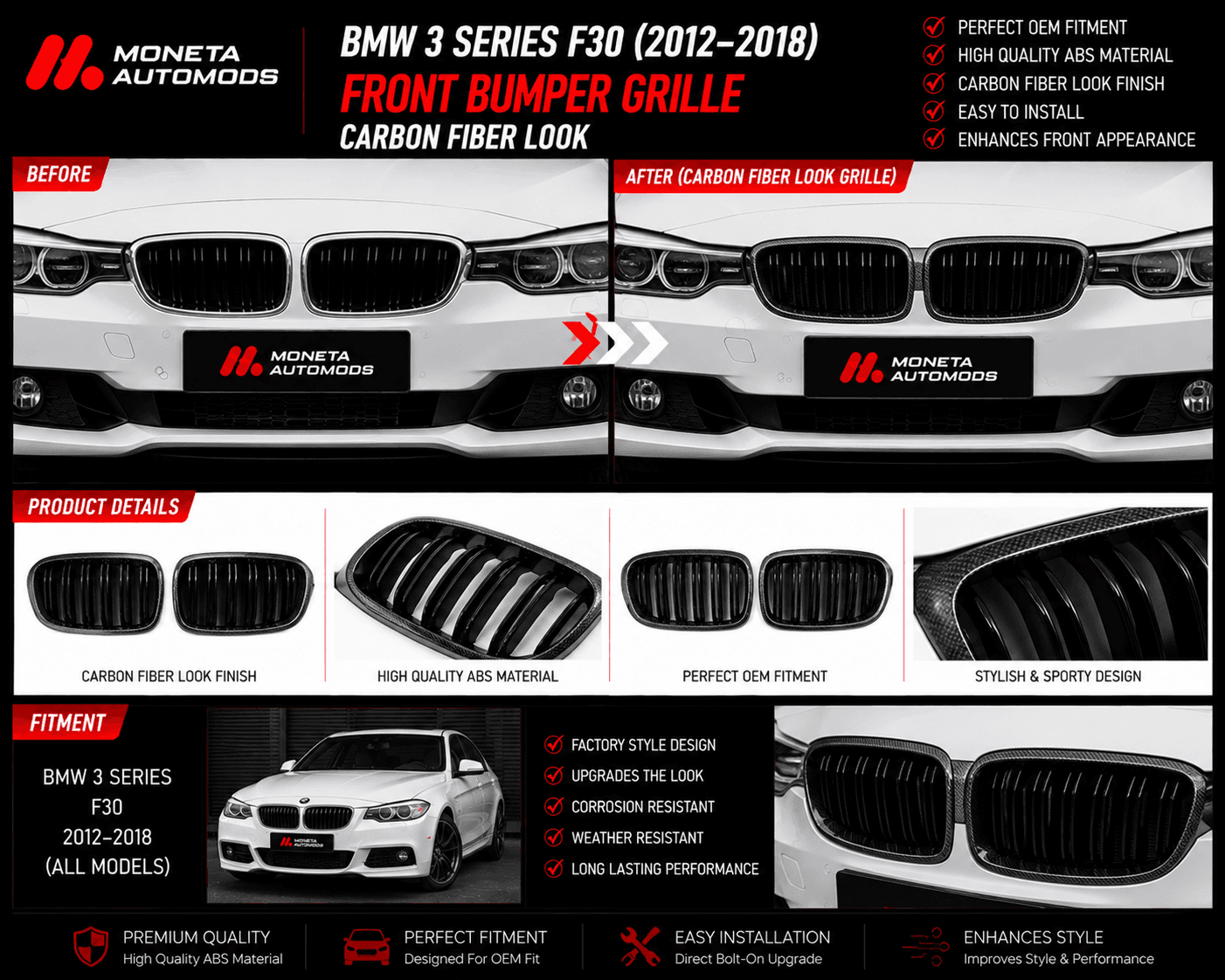 BMW 3 Series F30 2012-2018 front Bumper Grill Carbon Fiber Look