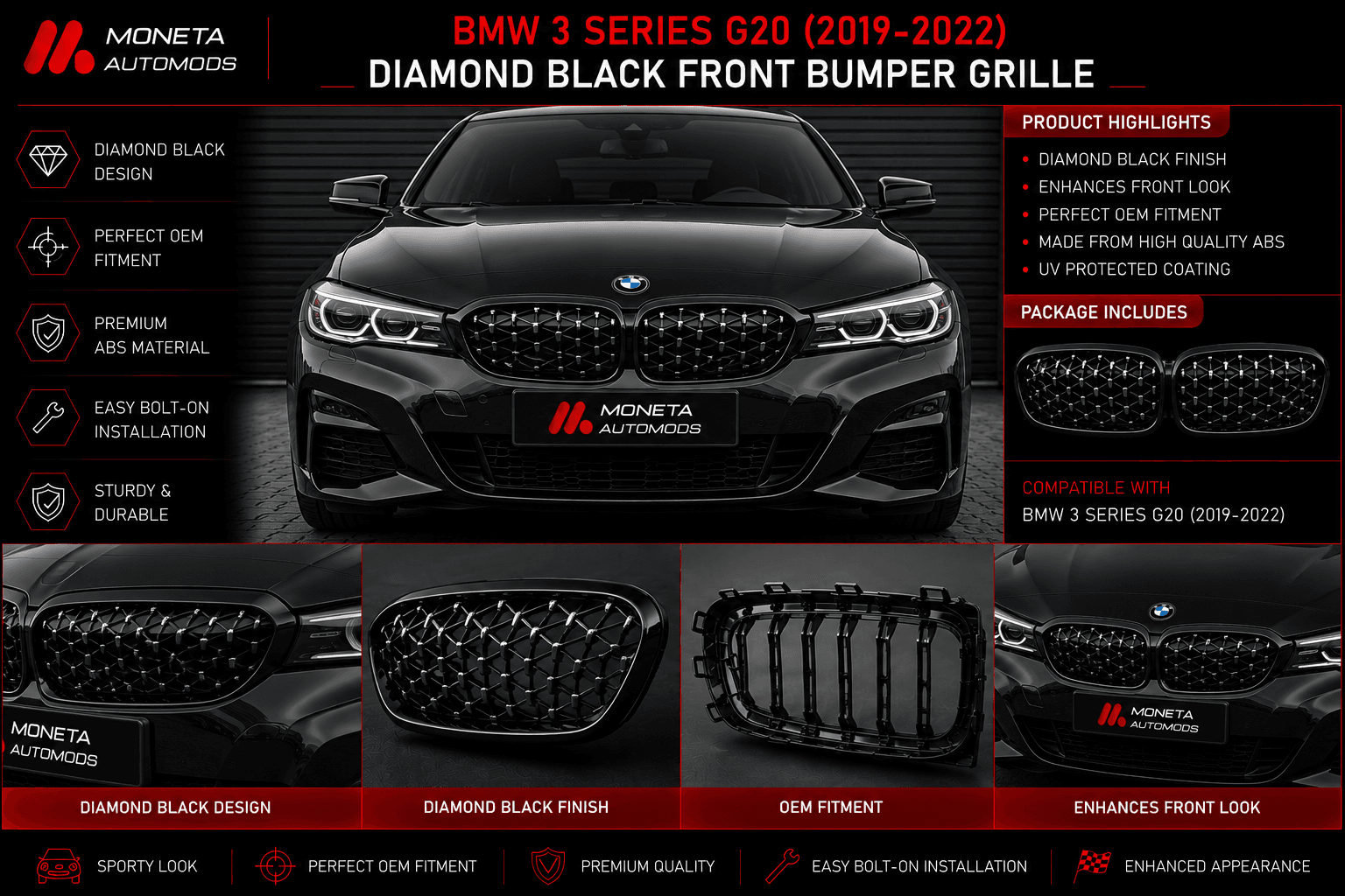 BMW 3 Series G20 (2019–2022) Diamond Black Front Bumper Grille