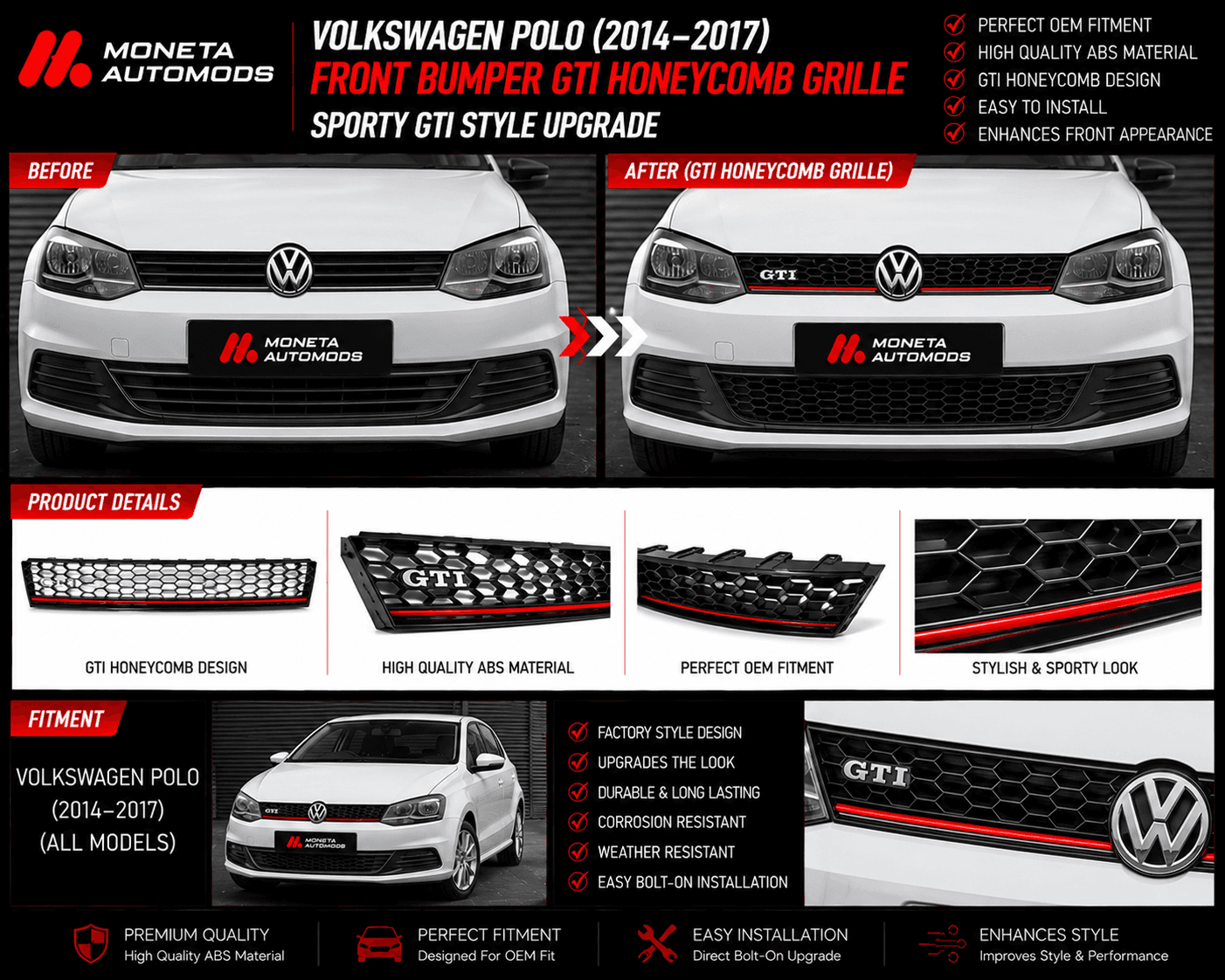 Volkswagen Polo (2014–2017) Front Bumper GTI Honeycomb Grille
