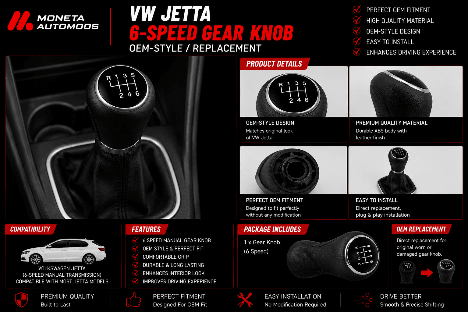 VW Jetta 6-Speed Gear Knob /OEM-Style/ Replacement