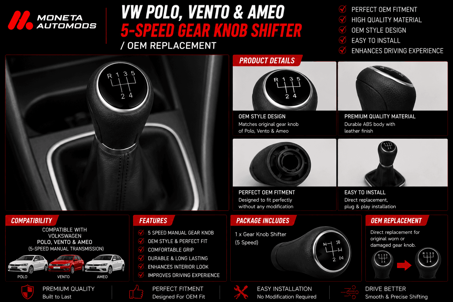 VW Polo, Vento and Ameo 5-Speed Gear Knob Shifter /OEM Replacement