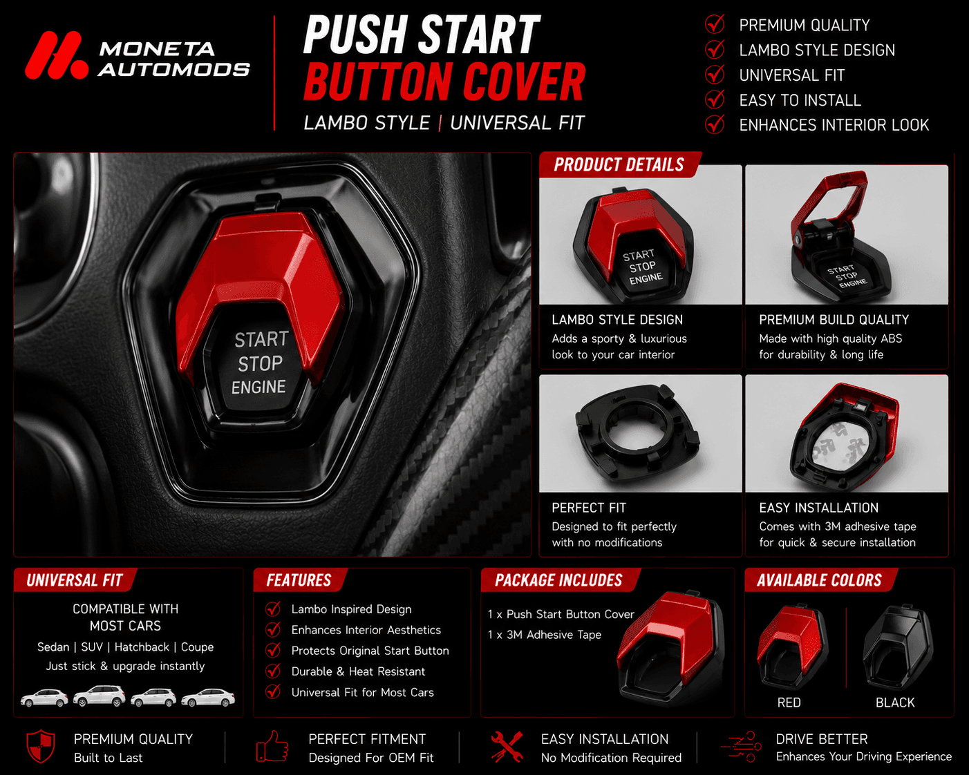 Push Start Button Cover Lambo Style|Universal Fit