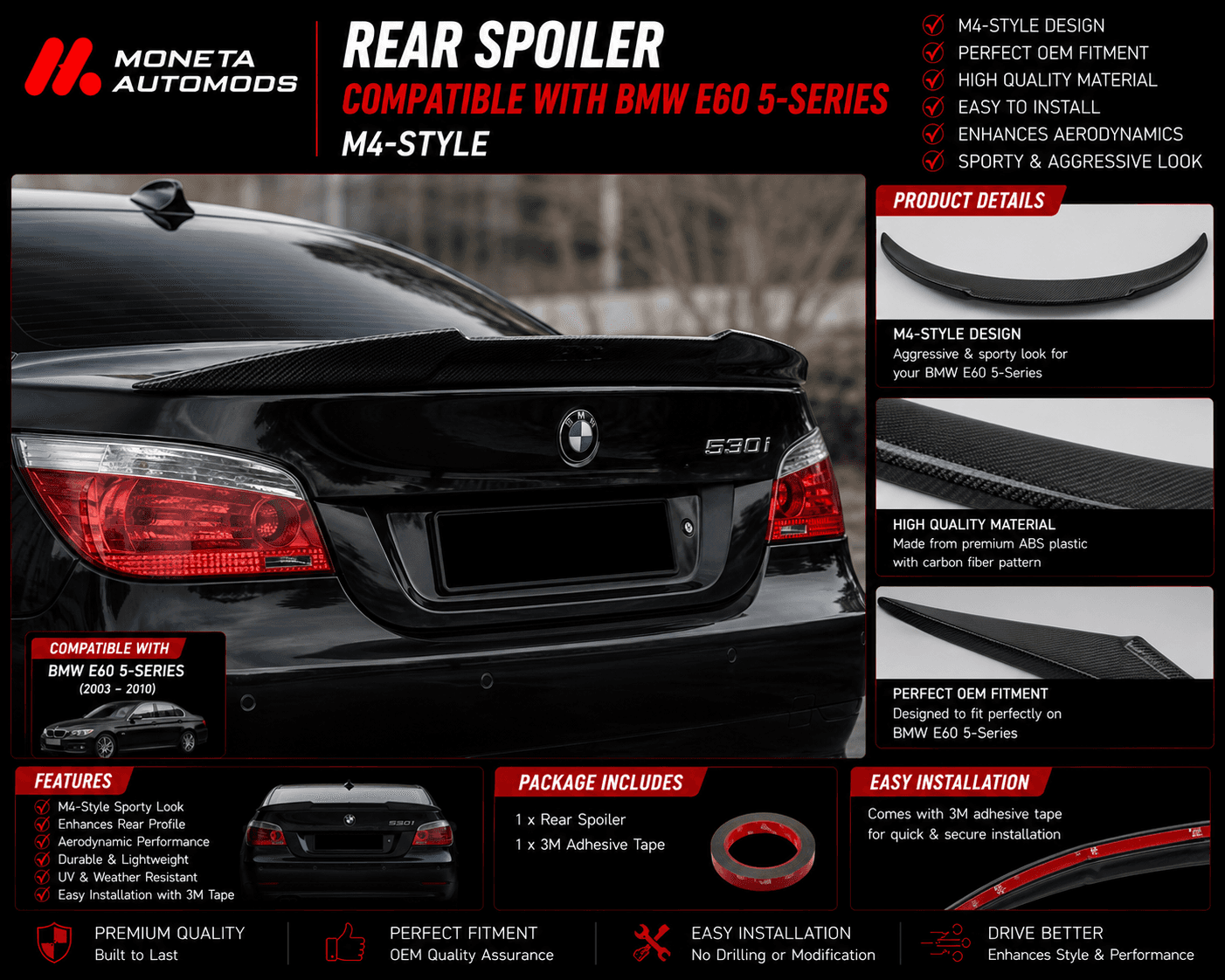 Rear Spoiler Compatible With BMW E60 5-Series M4-Style