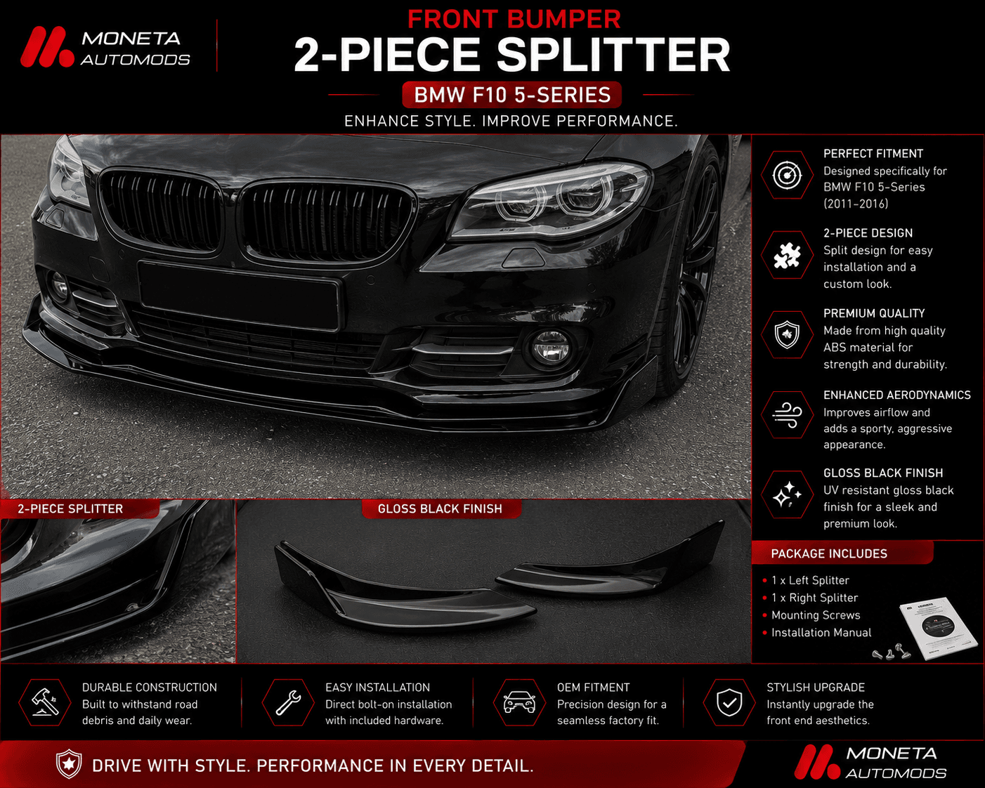 Front Bumper 2-piece Splitter |BMW F10 5-Series