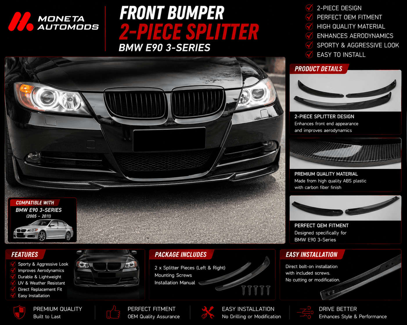 Front Bumper 2-Piece Splitter |BMW E90 3-Series