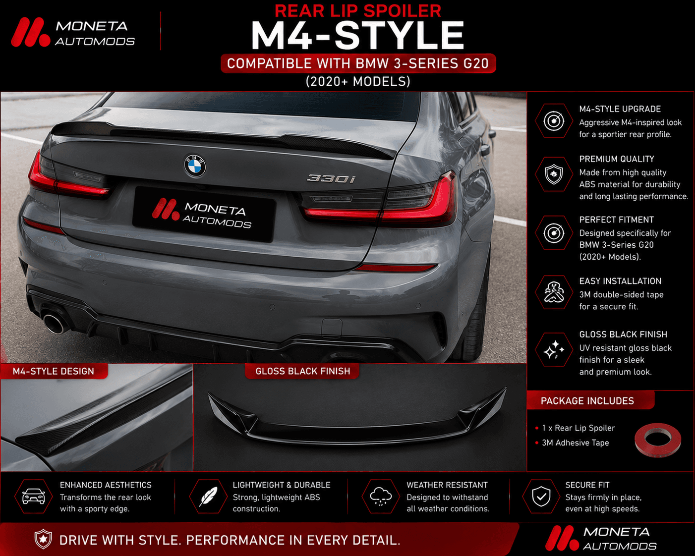Rear Lip Spoiler M4-Style Compatible With BMW 3-Series G20 (2020+ Models)