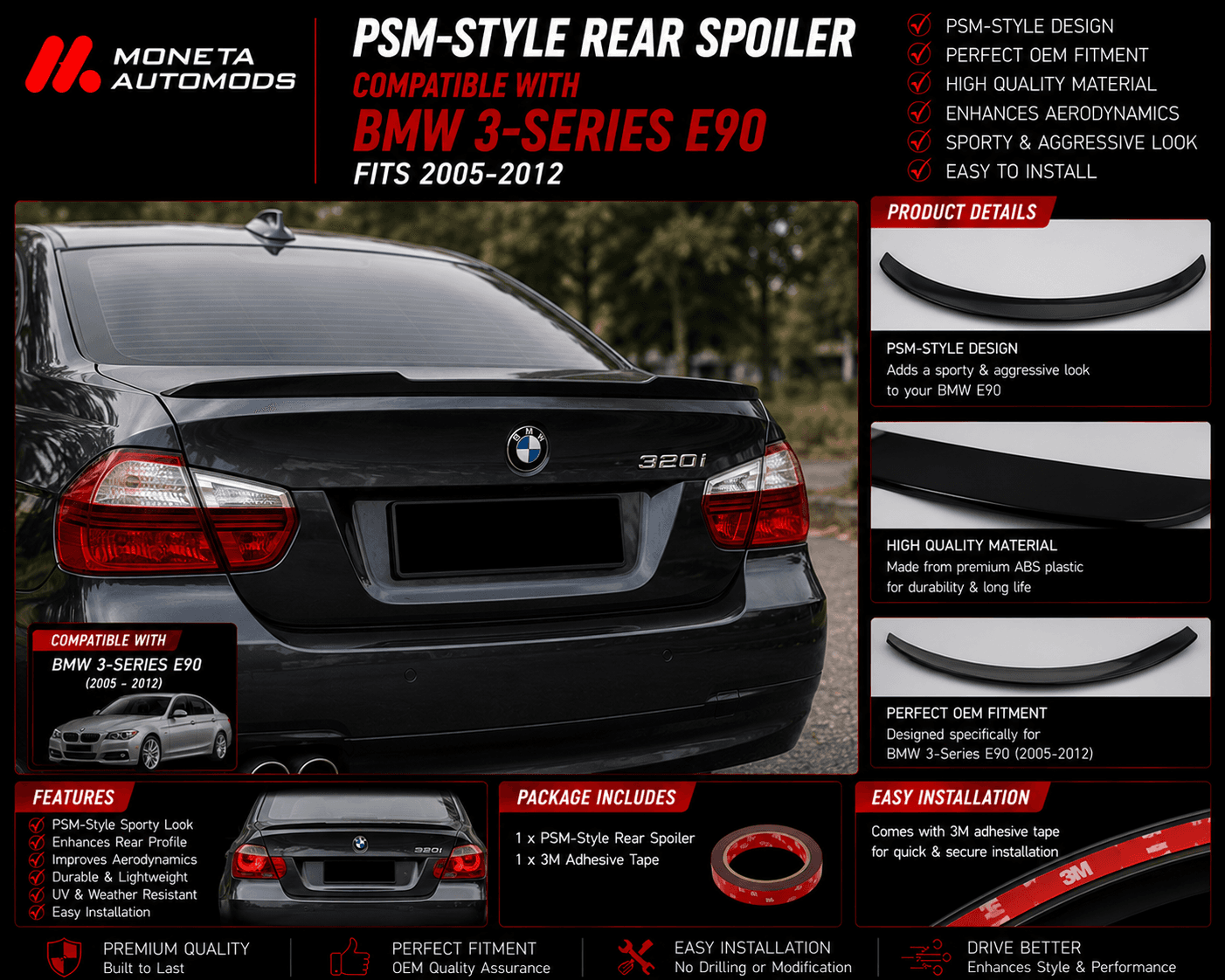 PSM Style Rear Spoiler Compatible with BMW 3-Series E90 Fits 2005-2012
