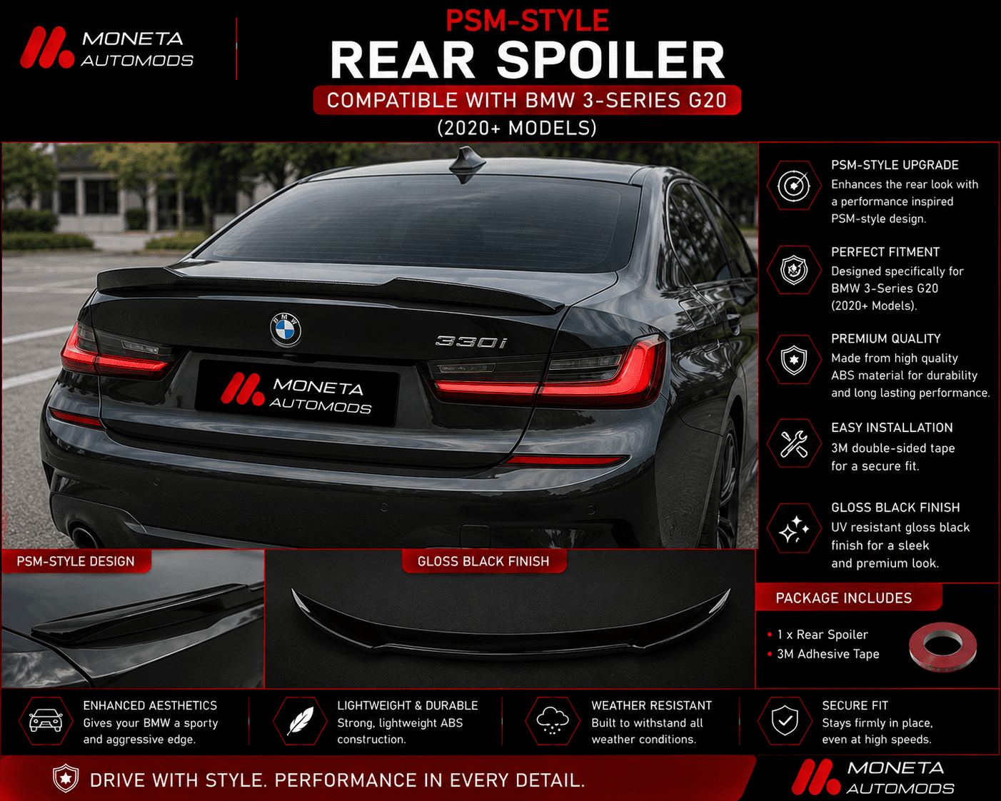 PSM Style Rear Spoiler Compatible With BMW 3-Series G20 2020+