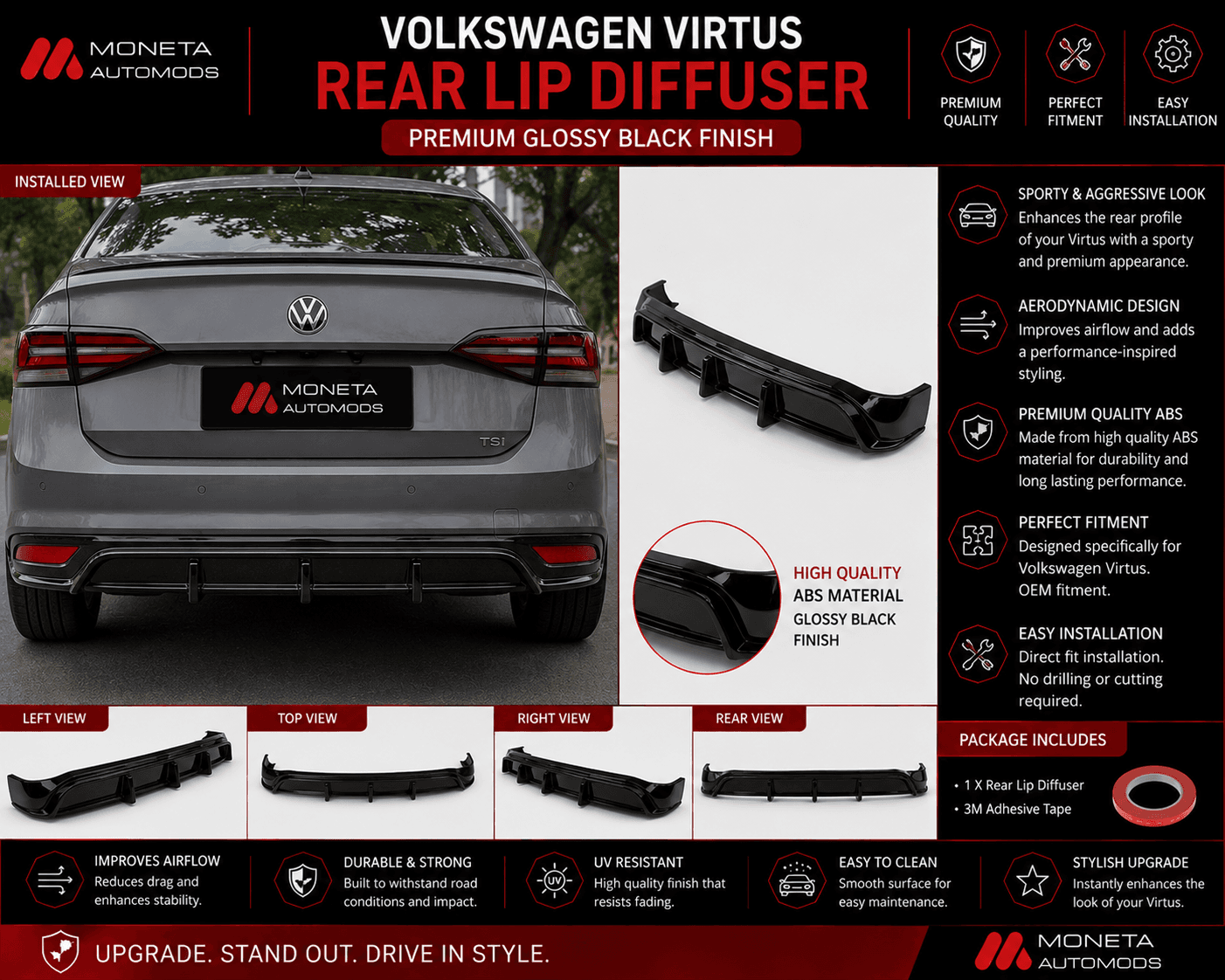 VW Virtus Rear Diffuser with Brake Light | 6-Fin Design