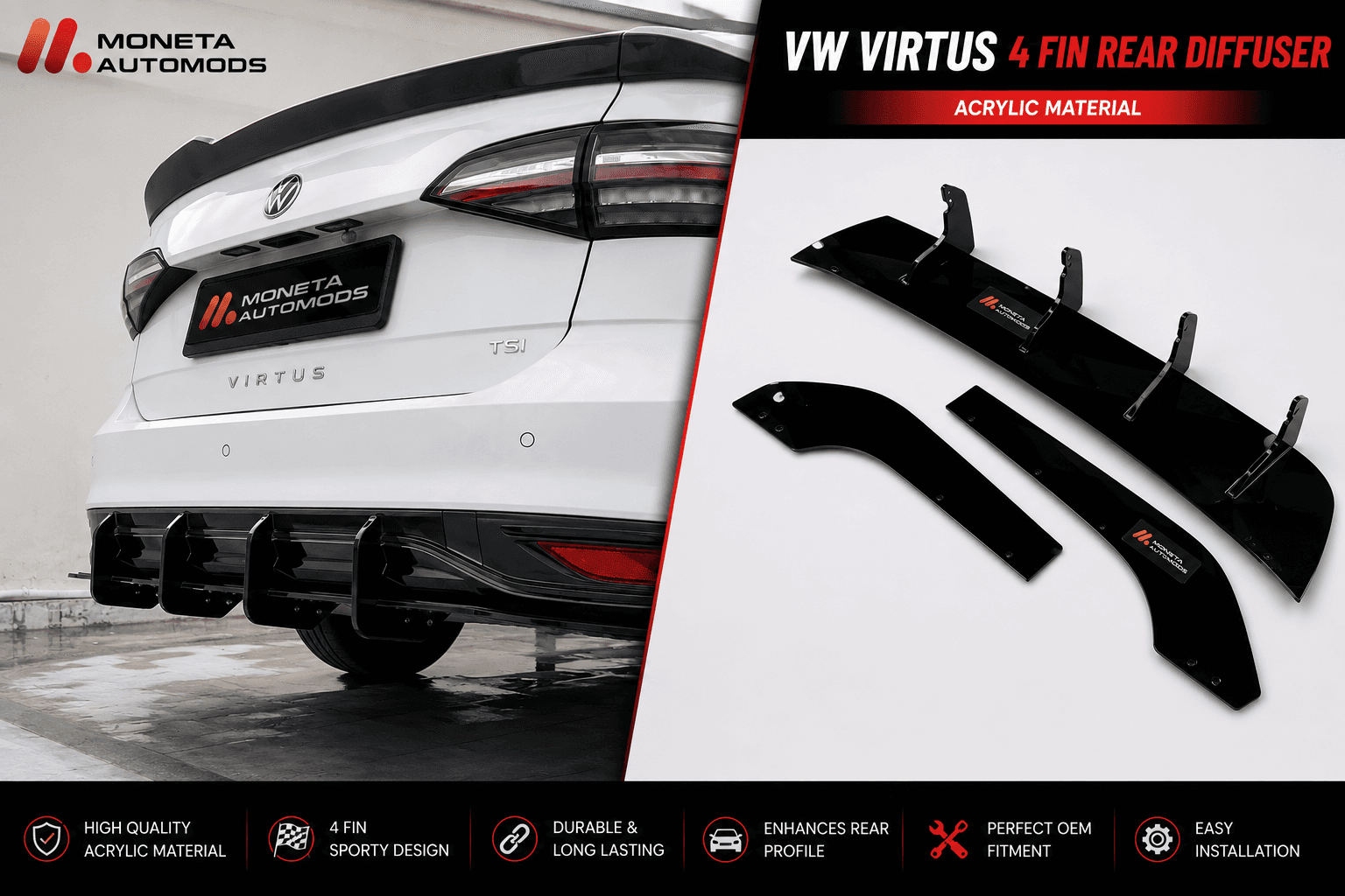 VW Virtus 4 Fin Rear Diffuser ABS Material secondary