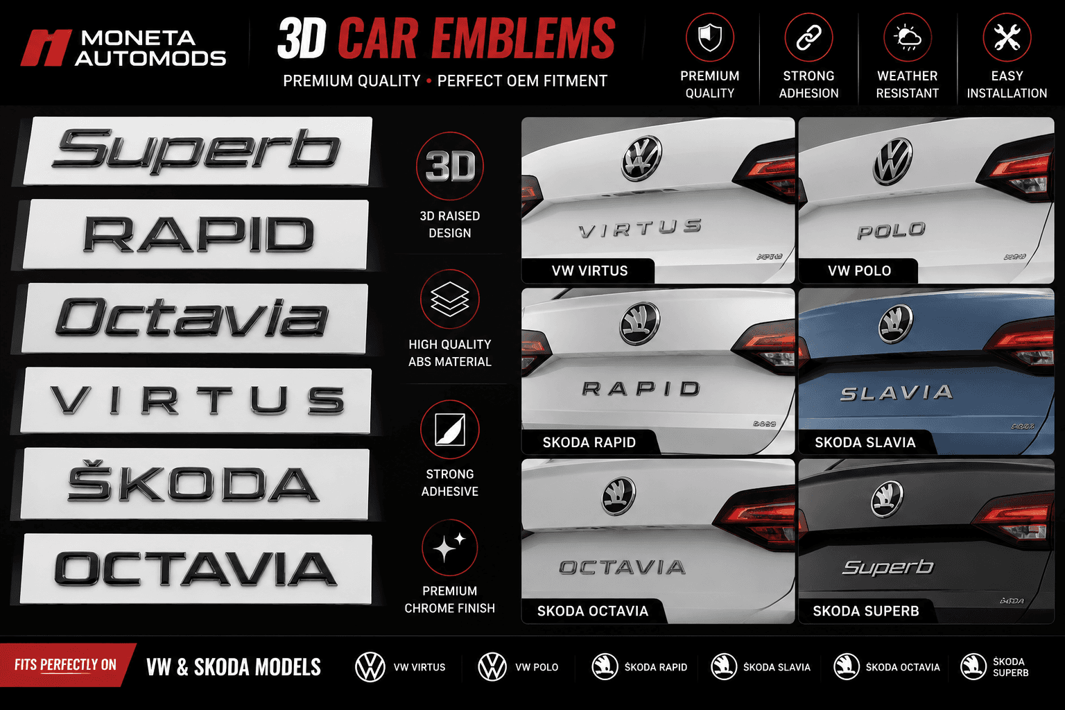 Car Emblem in 3D For - VW Virtus,Polo / Skoda Rapid,Slavia,Octavia,Superb