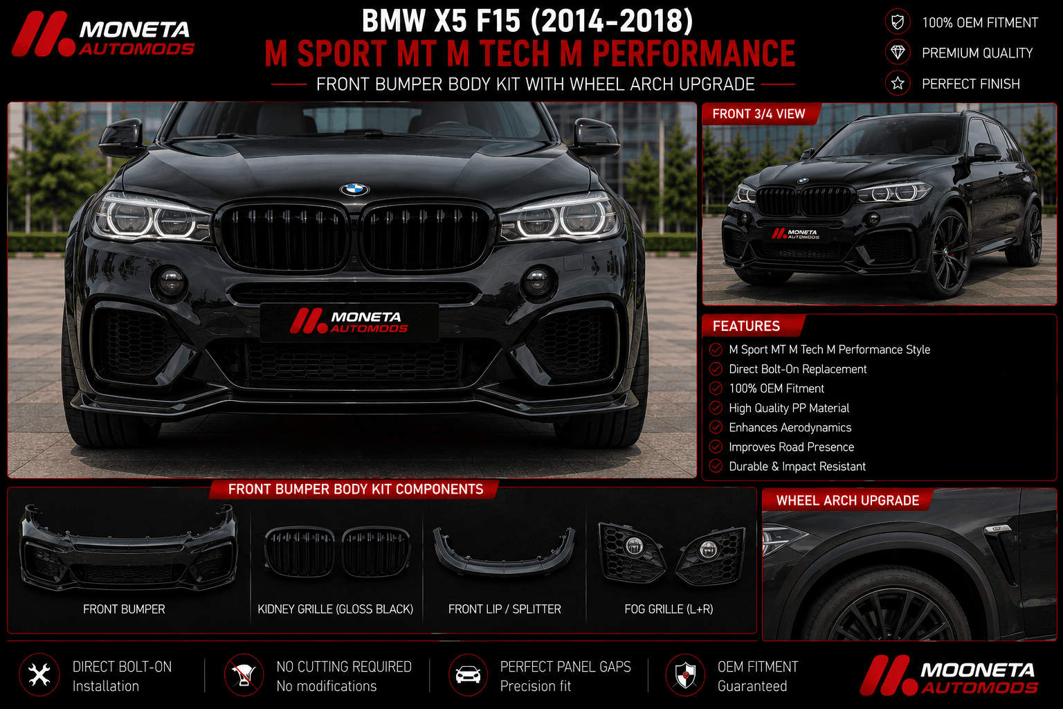 BMW X5 F15 (2014–2019) M Sport M Performance MT M Tech Front Bumper Body Kit with Wheel Arch Upgrade 4
