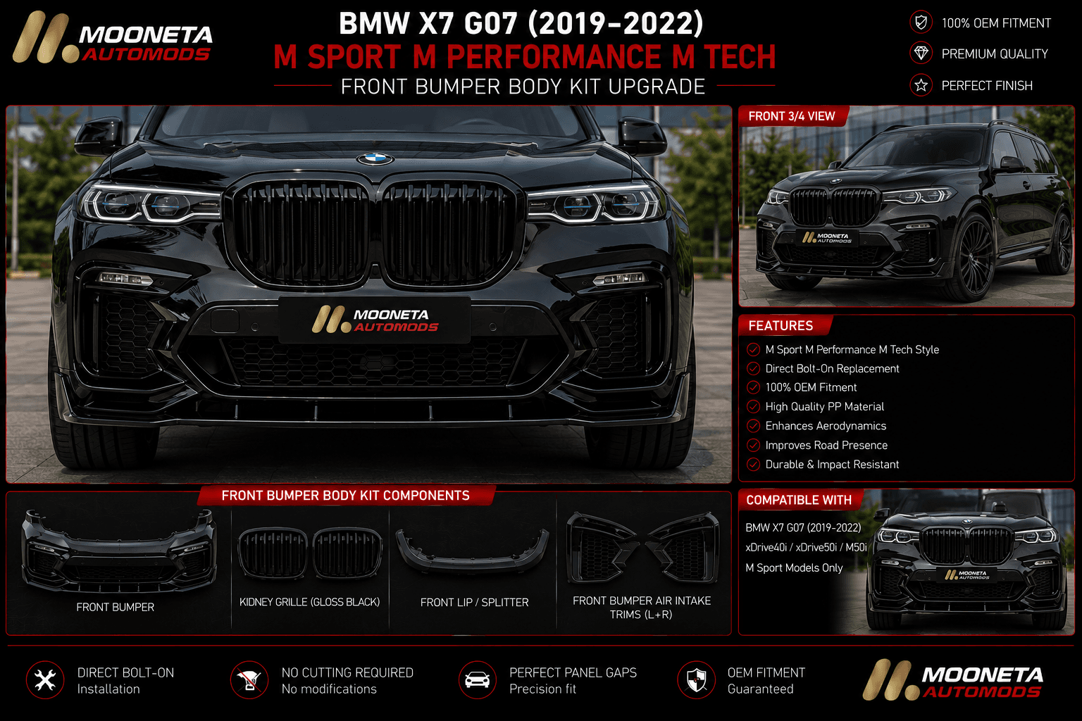 BMW X7 G07 (2019–2022) M Sport M Performance M Tech Front Bumper Body Kit Upgrade 4