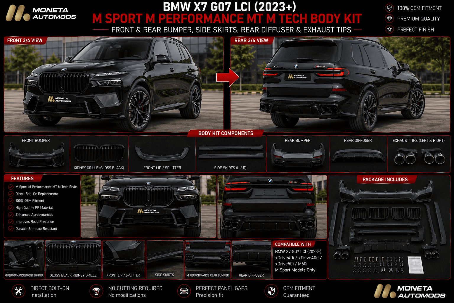 BMW X7 G07 LCI (2023+) M Sport M Performance MT M Tech Body Kit – Front & Rear Bumper, Side Skirts, Rear Diffuser & Exhaust Tips 4