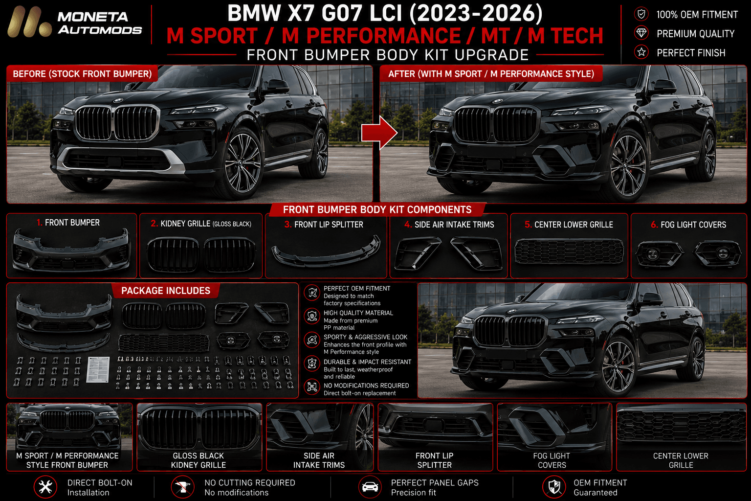 BMW X7 G07 LCI (2023-2026) M Sport M Performance MT M Tech Front Bumper Body Kit Upgrade 2