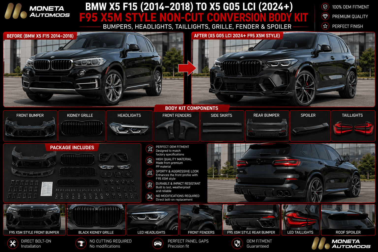 BMW X5 F15 (2014–2018) to X5 G05 LCI (2024+) F95 X5M Style Non-Cut Conversion Body Kit – Bumpers, Headlights, Taillights, Grille, Fender & Spoiler 4