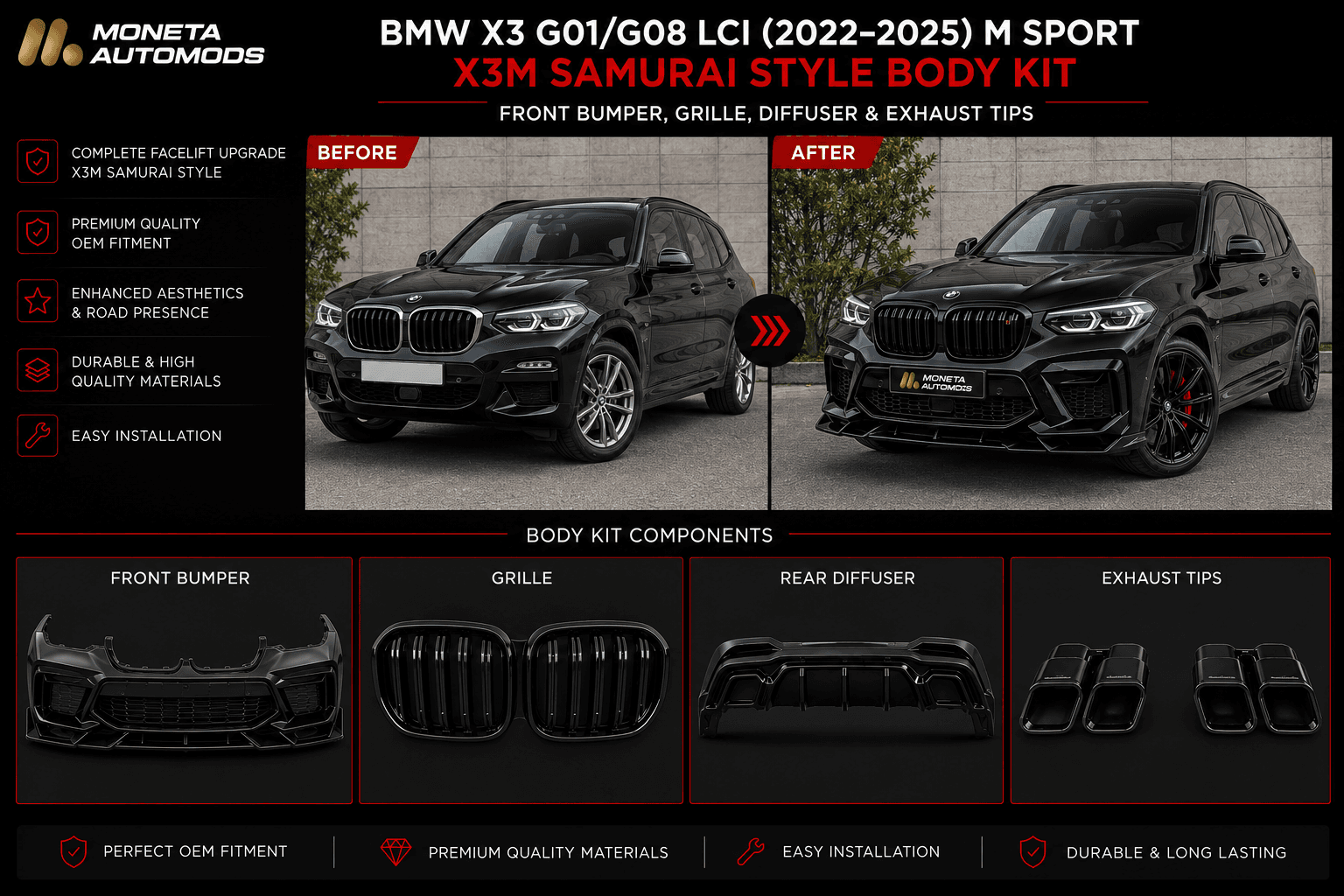 BMW X3 G01/G08 LCI (2022–2025) M Sport X3M Samurai Style Body Kit – Front Bumper, Grille, Diffuser & Exhaust Tips secondary