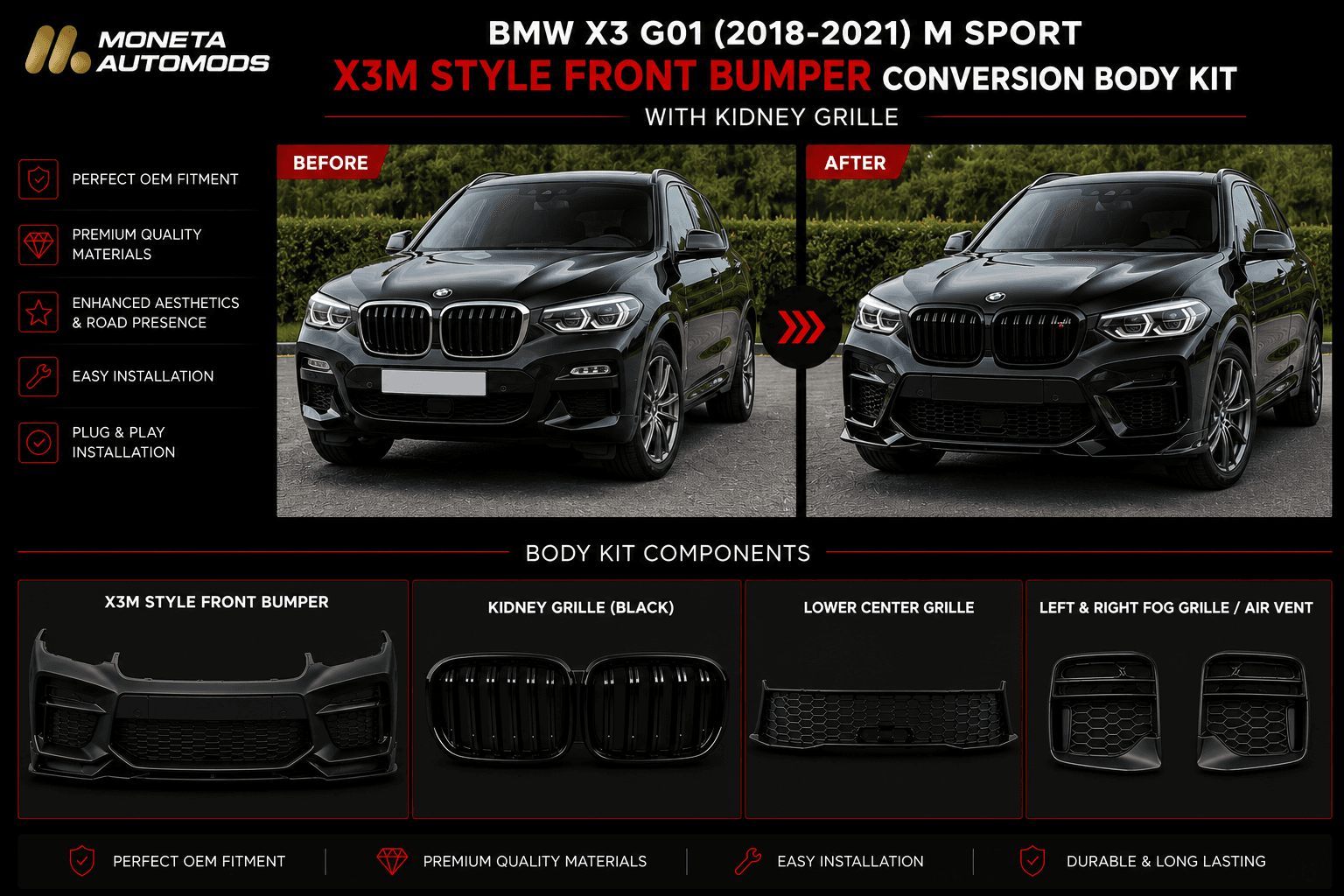 BMW X3 G01 (2018–2021) M Sport X3M Style Front Bumper Conversion Body Kit with Kidney Grille 3