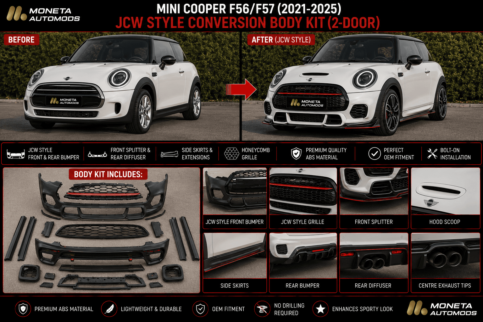MINI Cooper F56/F57 (2021–2025) JCW Style Conversion Body Kit – Front & Rear Bumper, Side Skirts, Splitter, Lip & Grille (2-Door) 4