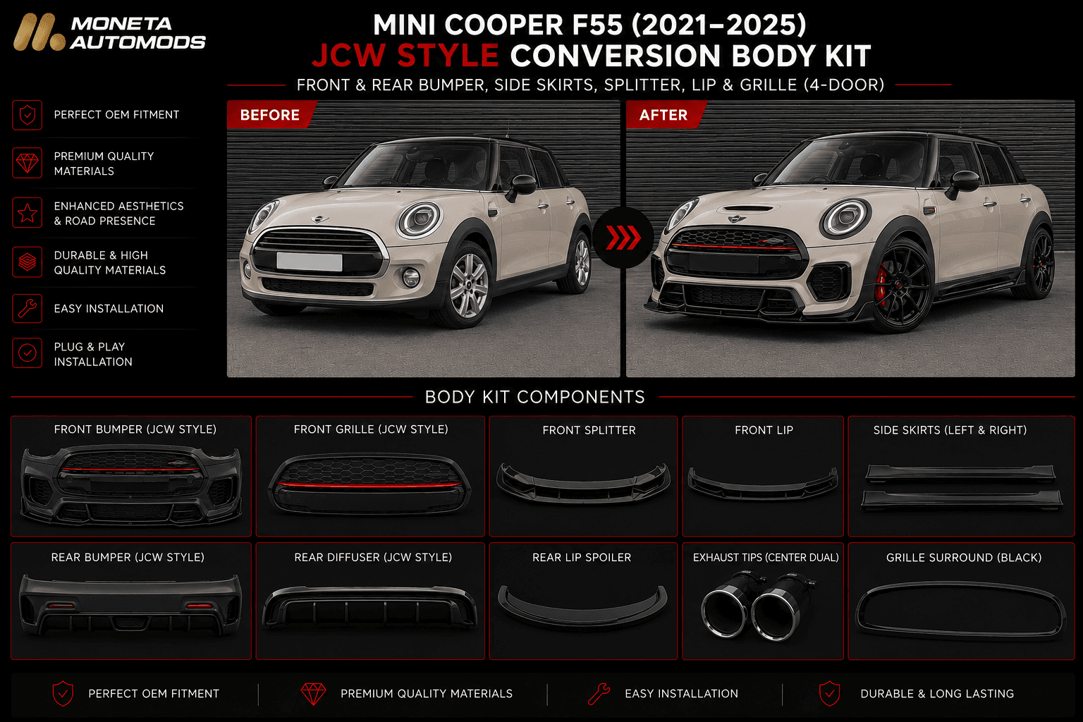 MINI Cooper F55 (2021–2025) JCW Style Conversion Body Kit – Front & Rear Bumper, Side Skirts, Splitter, Lip & Grille (4-Door) 4