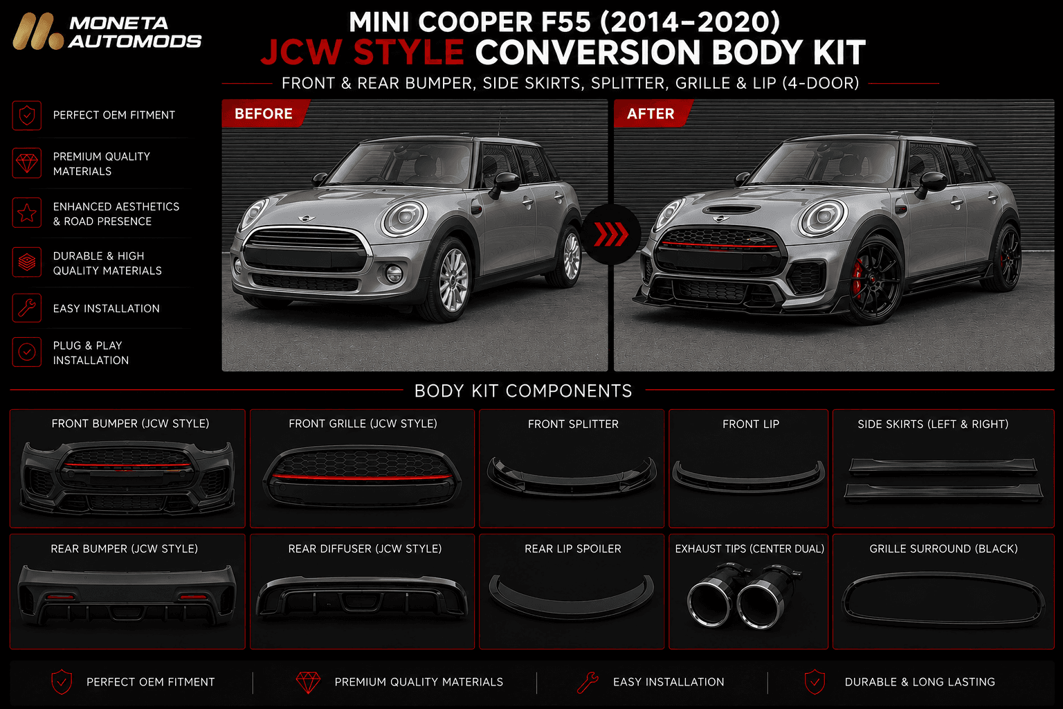 MINI Cooper F55 (2014–2020) JCW Style Conversion Body Kit – Front & Rear Bumper, Side Skirts, Splitter, Grille & Lip (4-Door) 4
