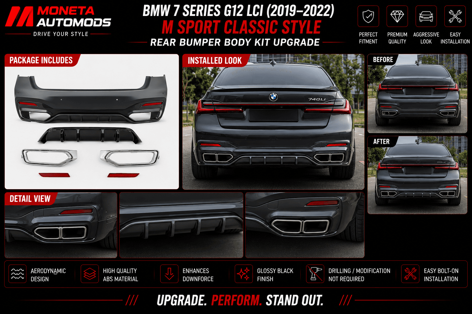 BMW 7 Series G12 LCI (2019–2022) M Sport Classic Style Rear Bumper Body Kit Upgrade 3
