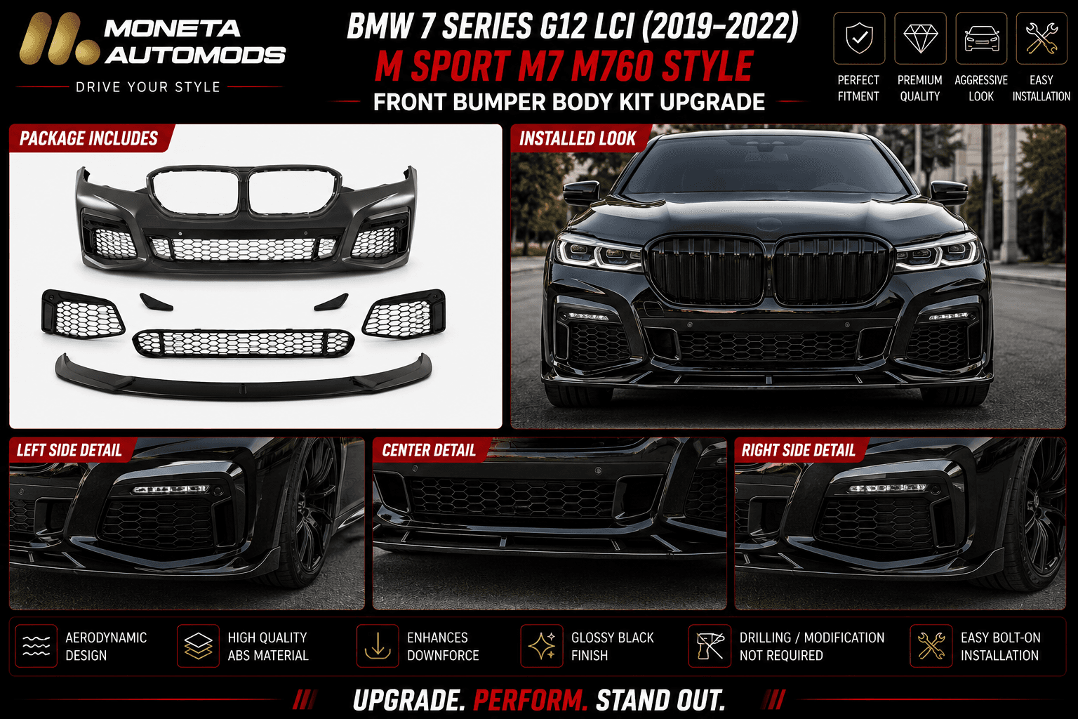 BMW 7 Series G12 LCI (2019–2022) M Sport M7 M760 Style Front Bumper Body Kit Upgrade 3