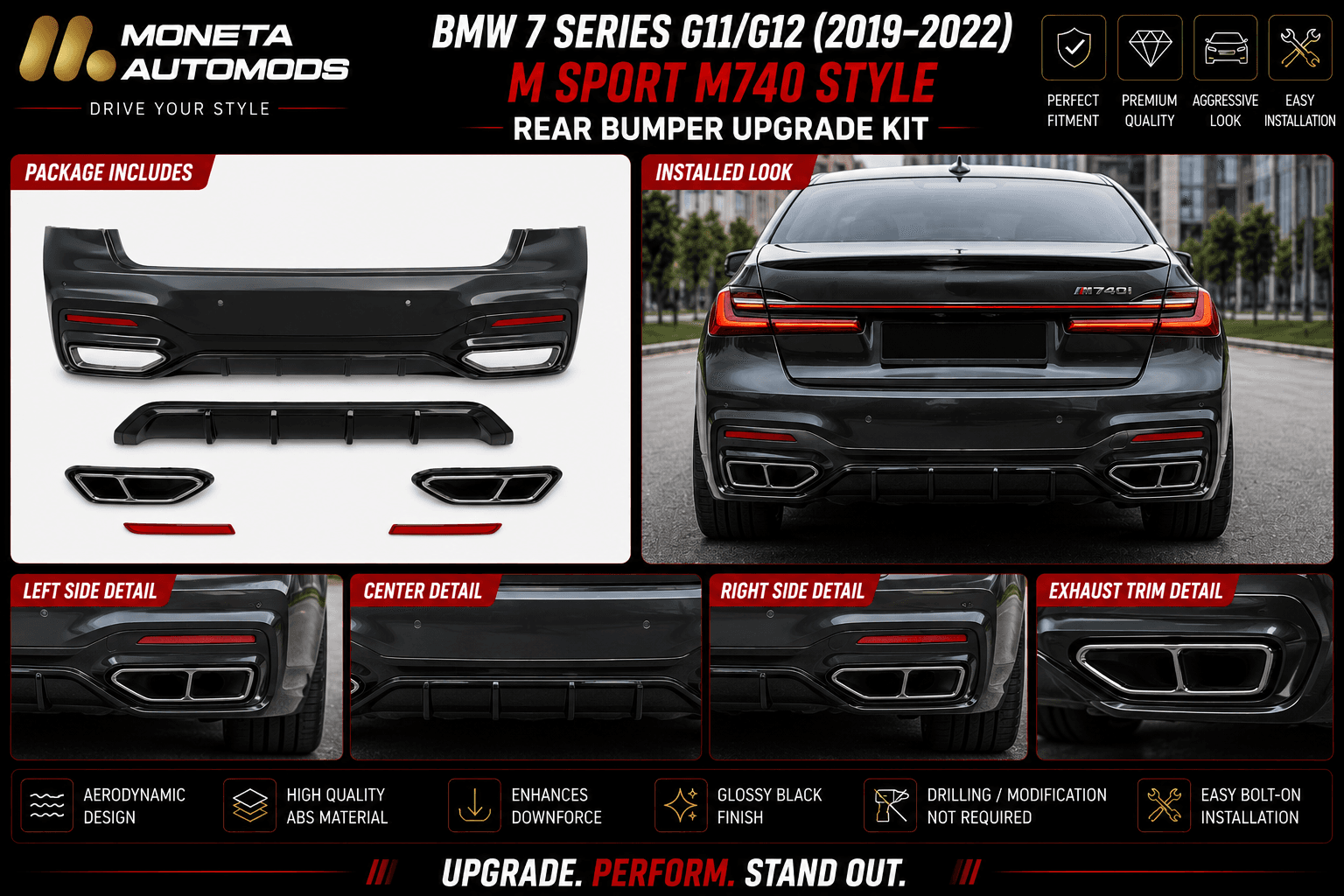 BMW 7 Series G11/G12 (2019–2022) M Sport M740 Style Rear Bumper Upgrade Kit 3