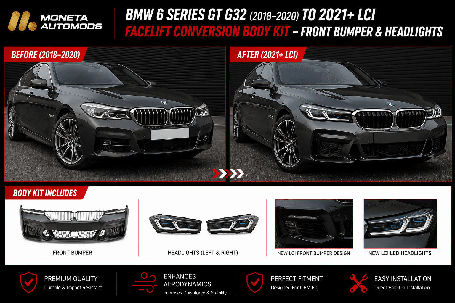 BMW 6 Series GT G32 (2018–2020) to 2021+ LCI Facelift Conversion Body Kit – Front Bumper & Headlights 3