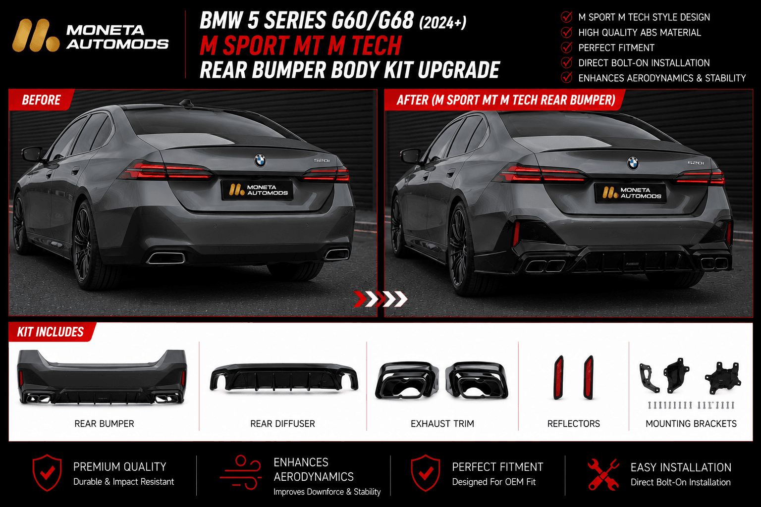 BMW 5 Series G60/G68 (2024+) M Sport MT M Tech Rear Bumper Body Kit Upgrade 3