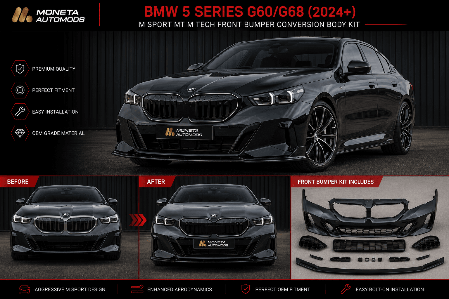 BMW 5 Series G60/G68 (2024+) M Sport MT M Tech Front Bumper Conversion Body Kit 3