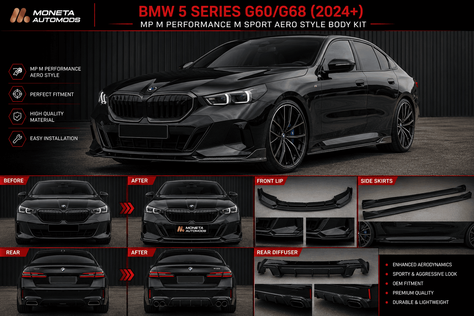 BMW 5 Series G60/G68 (2024+) MP M Performance M Sport Aero Style Body Kit – Front Lip, Rear Diffuser & Side Skirts 3