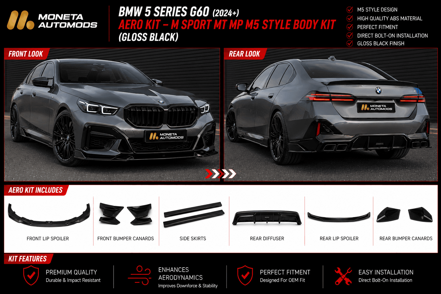 BMW 5 Series G60 (2024+) Aero Kit – M Sport MT MP M5 Style Body Kit (Gloss Black) 3