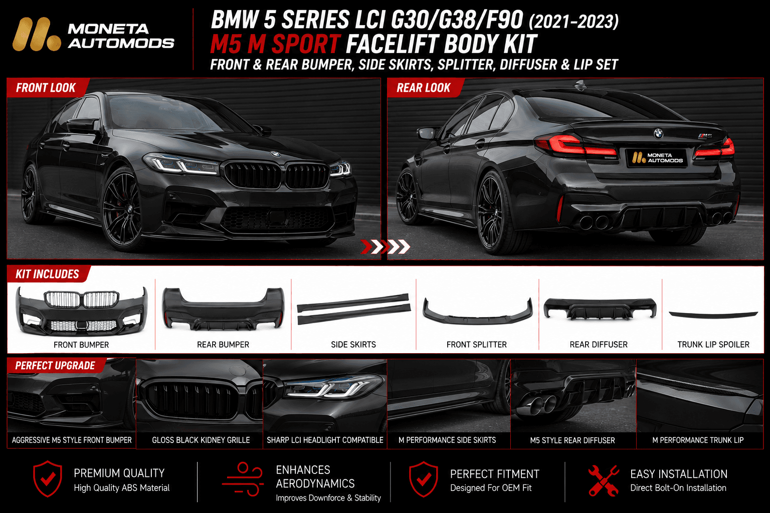 BMW 5 Series LCI G30/G38/F90 (2021–2023) M5 M Sport Facelift Body Kit – Front & Rear Bumper, Side Skirts, Splitter, Diffuser & Lip Set 5