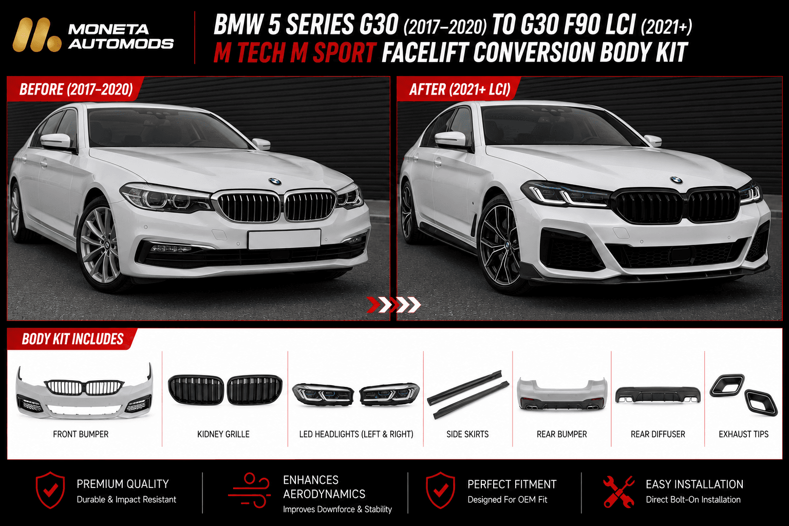 BMW 5 Series G30 (2017–2020) to G30 F90 LCI (2021+) M Tech M Sport Facelift Conversion Body Kit 3