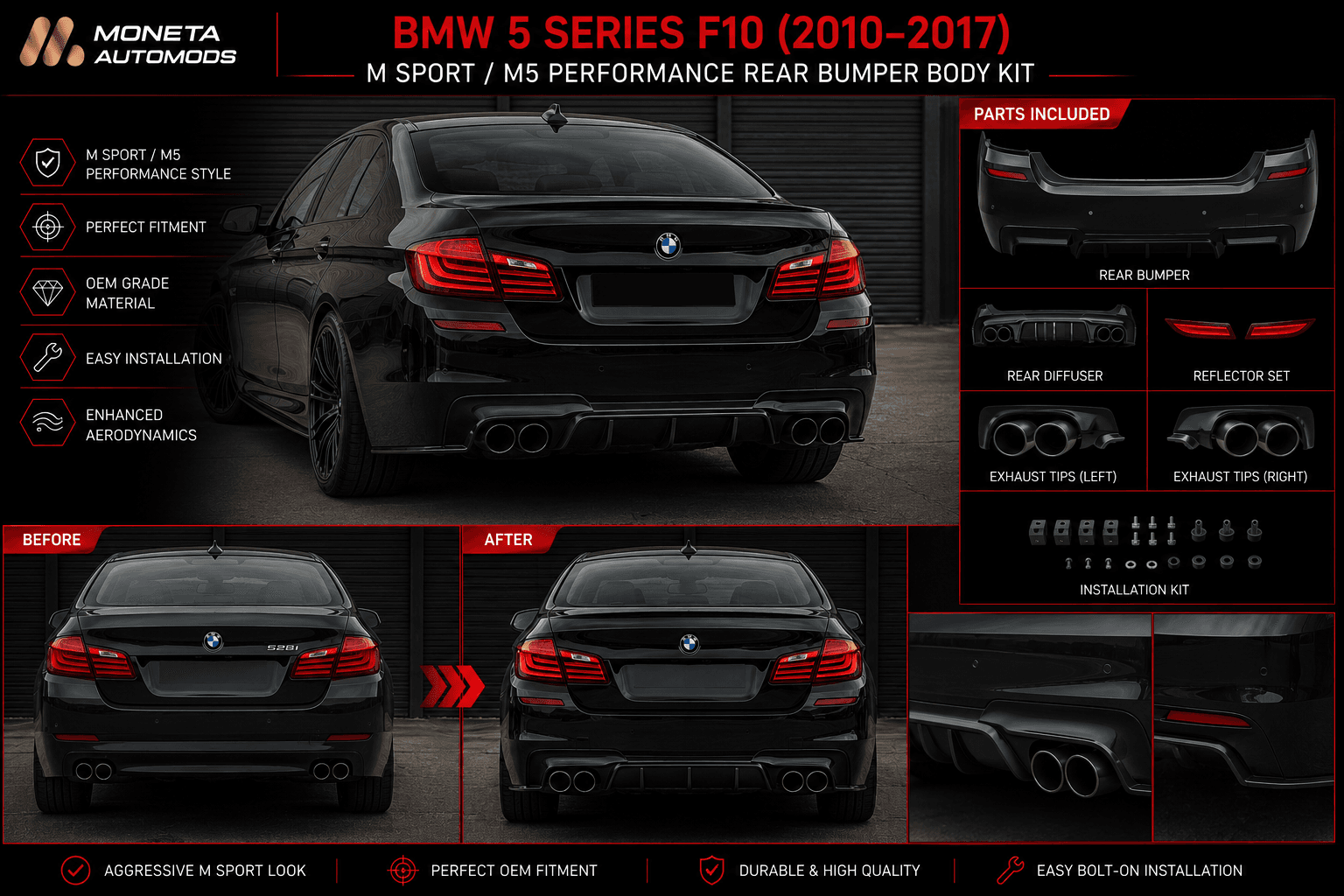 BMW 5 Series F10 (2010–2017) M Sport / M5 Performance Rear Bumper Body Kit 3