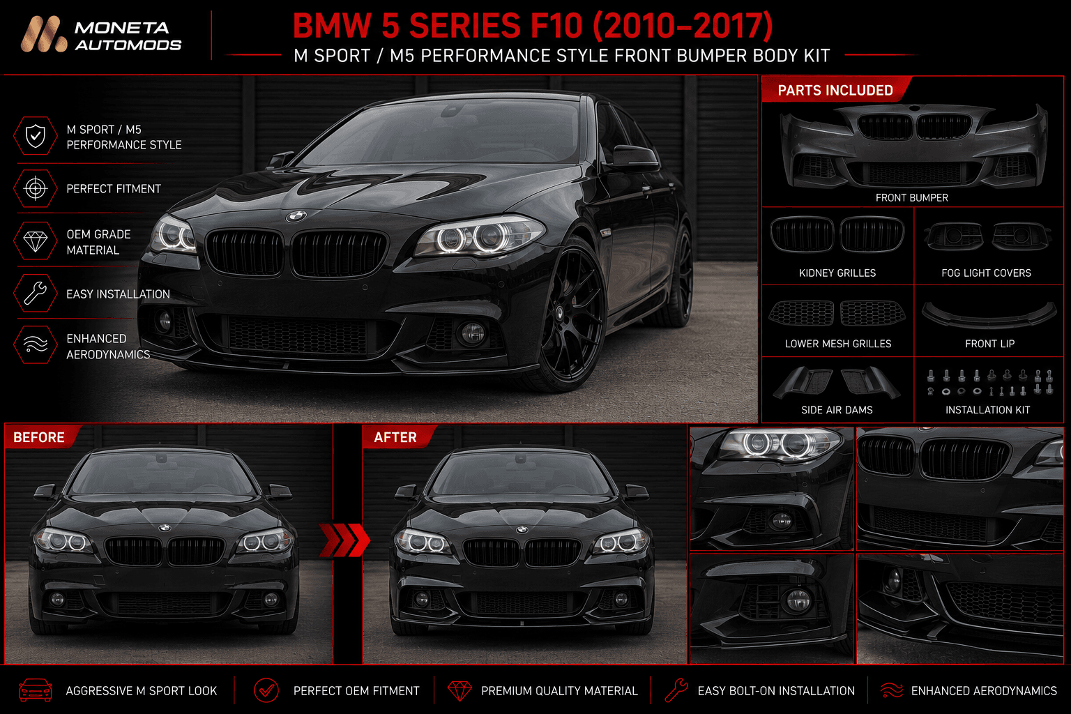 BMW 5 Series F10 (2010–2017) M Sport / M5 Performance Style Front Bumper Body Kit 3